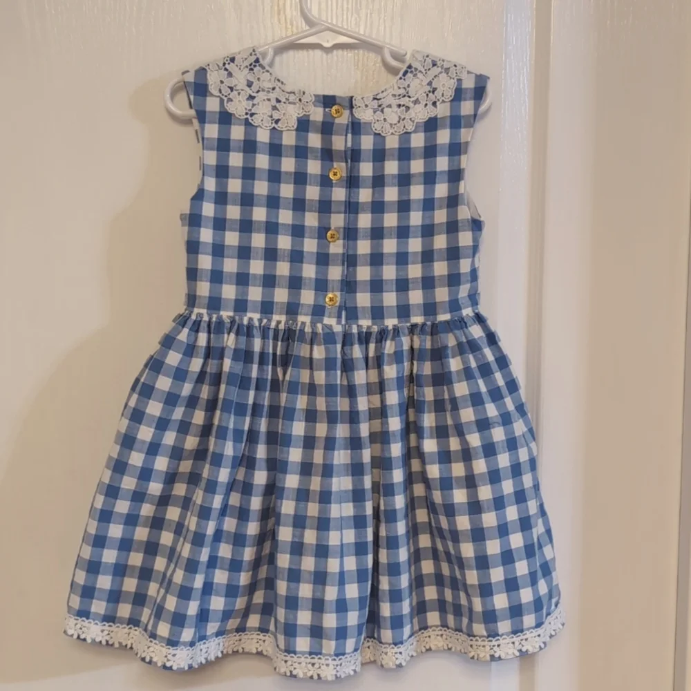OshKosh Blue & White Check Dress Size 5T. Lace trim